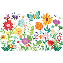 Vector cartoon illustration of pink daisy flowers and colorful butterflies on a bright floral pattern background