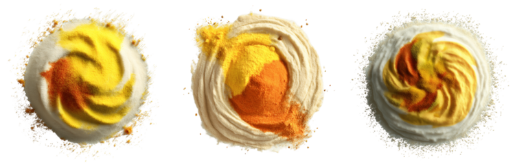 Collection of various flour with bright streaks of ground cinnamon and turmeric isolated on transparent background