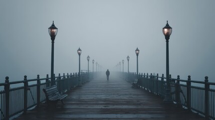 Naklejka premium Foggy Pier with Person Walking, Wooden Boardwalk, and Illuminated Streetlamps