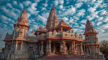 Fototapeta premium Exquisite Ancient Temple Architecture with Intricate Details against a Vivid Sky Backdrop