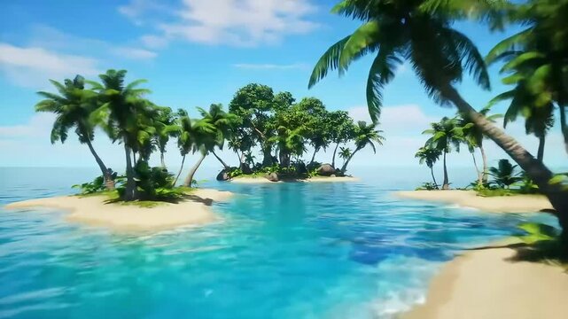 Tropical island paradise; palm trees sway, turquoise water,  clear sky, vacation getaway