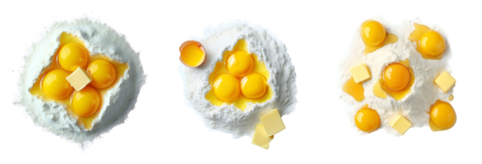Set of various flour with whole raw eggs and pieces of butter isolated on transparent background