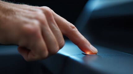 Hands pressing a button on a smart treadmill, adjusting workout intensity. Technology, control. Digital, responsive.