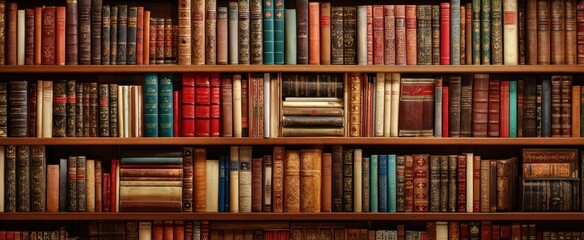 The beautifully organized bookshelf filled with vintage books and literature.