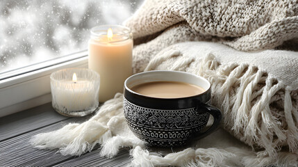**Cozy winter setting with a blanket, candle, and a cup of cocoa
