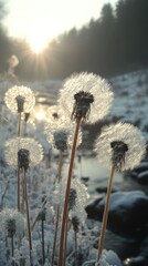 Fototapeta premium Frozen Dandelions at Sunrise by a Winter Stream