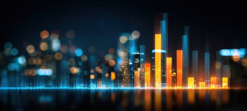 The vibrant city skyline showcasing dynamic bar chart and data visualization.