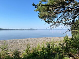 A serene lakeside scene featuring a pebble beach, lush greenery, and a vast expanse of calm water under a clear blue sky.