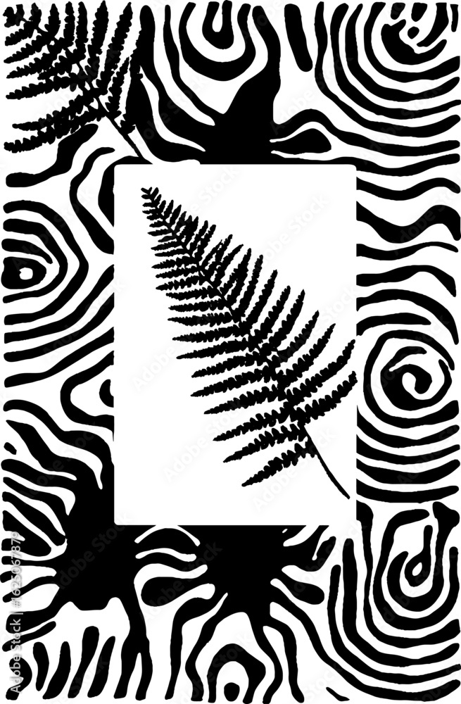 Aufkleber black and white fern leaf corner frame with abstract patterns for design