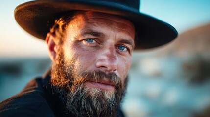 A portrait of a rugged man with striking blue eyes and a bushy beard, exuding strength and resilience against a beautiful sunset backdrop highlighting his features.