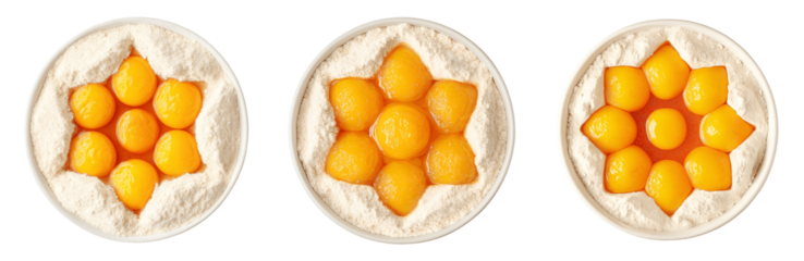 Collection of various bowl with flour and raw egg yolks isolated on transparent background