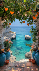 View at the Mediterranean sea from patio, relax and travel concept 