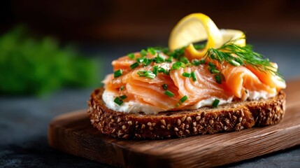 A beautifully arranged slice of artisan bread topped with fresh salmon, herbs, and lemon, epitomizing gastronomic elegance and appealing to food lovers and culinary artists.