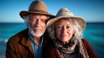 A heartwarming portrait of a joyful elderly couple sharing a tender moment by the beach, encapsulating love, companionship, and the beauty of life in their golden years.