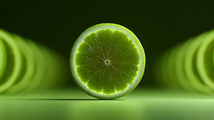 Close up of a lime slice with green abstract reflections