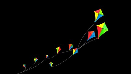 colorful kites flying dark black background , freedom theme