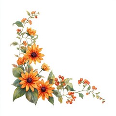 Watercolor Painted Corner Border with Orange Flowers and Red Berries on White