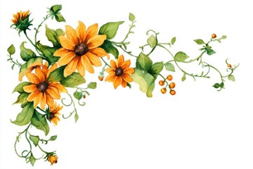 Watercolor Sunflower with Vine Tendrils and Berries on White Backdrop