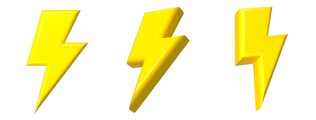 set of lightning or thunderbolt 3d render for flash sale element