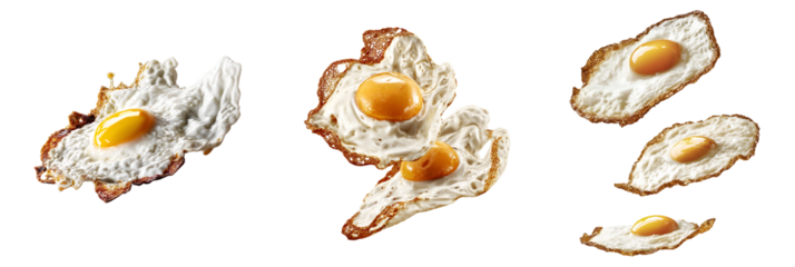 Set of various fried eggs in the air isolated on transparent background