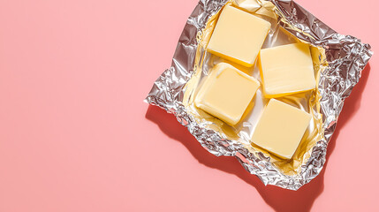 Bright view of four squares of butter in silver foil, casting shadows on a pink background. Minimalist food photography, suitable for culinary blogs and ads.