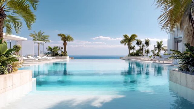 Luxury tropical resort swimming pool surrounded by palm trees, lounge chairs, and sun umbrellas. Seamless loop 4k