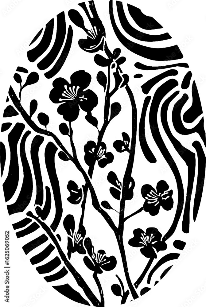 Poster circular frame of blooming cherry branches with abstract pattern for spring decor