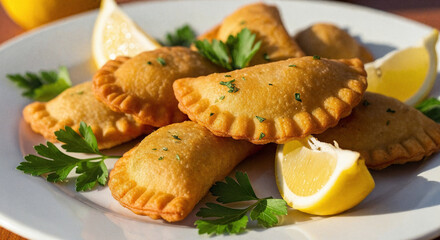 Traditional Portuguese codfish cakes Past&eacute;is de Bacalhau served with lemon wedges and parsley