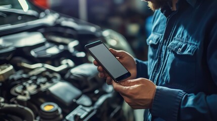 A man in a blue shirt using a smartphone in a workshop with a car engine in the background.