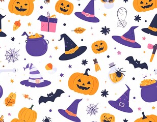 Halloween themed hand drawn seamless pattern, spooky colored ornament of pumpkins, 