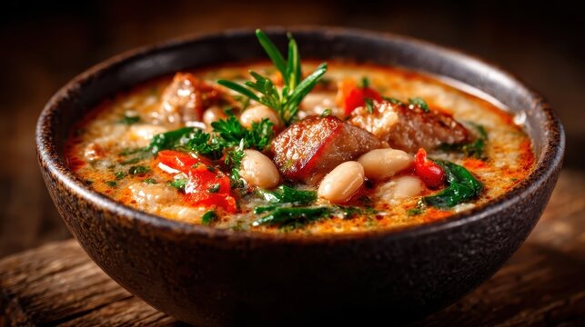 A hearty bowl of meat and spinach soup is beautifully presented, inviting warmth and comfort, ideal for an autumn meal, showcasing culinary craftsmanship and rich colors.