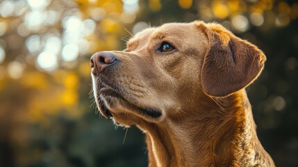 A brown dog with floppy ears and a brown nose, standing in a field with yellow flowers.
