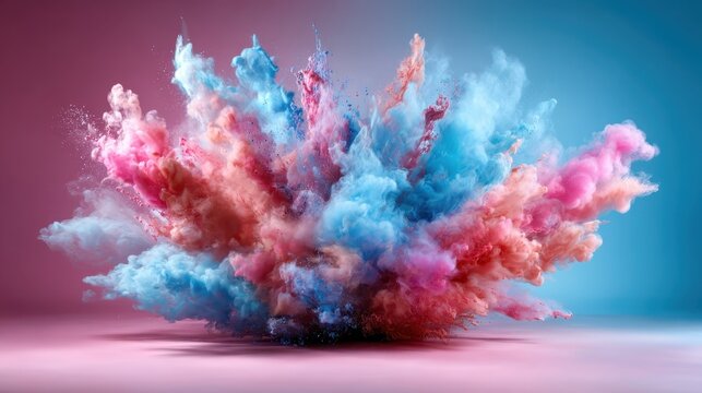 An energetic burst of pink and blue powder creates a visually stunning explosion, symbolizing creativity, joy, and vibrancy against a smooth gradient background.