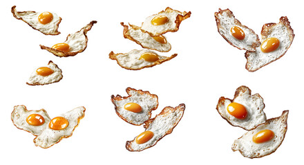 Naklejka premium Collection of various fried eggs in the air isolated on transparent background