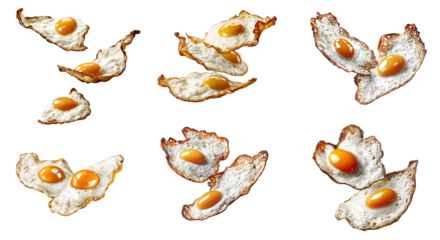 Collection of various fried eggs in the air isolated on transparent background