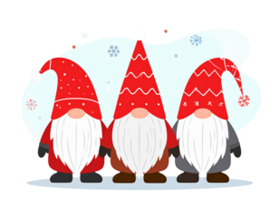 - Set of Three Holiday Gnomes with Patterned Hats and Snowflakes, Flat Vector Style, White Background
