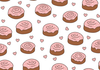 Seamless pattern of cinnamon rolls and hearts isolated on white background, perfect for bakerythemed designs, wallpapers, and backgrounds with a sweet touch