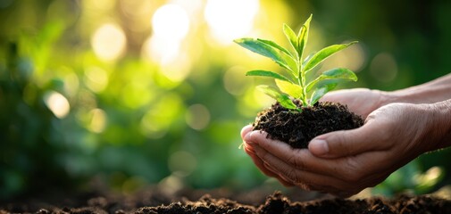 The nurturing hands of a gardener holding a vibrant green plant in soil.