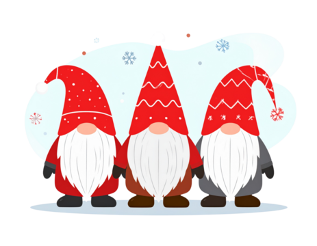 - Set of Three Holiday Gnomes with Patterned Hats and Snowflakes, Flat Vector Style, White Background