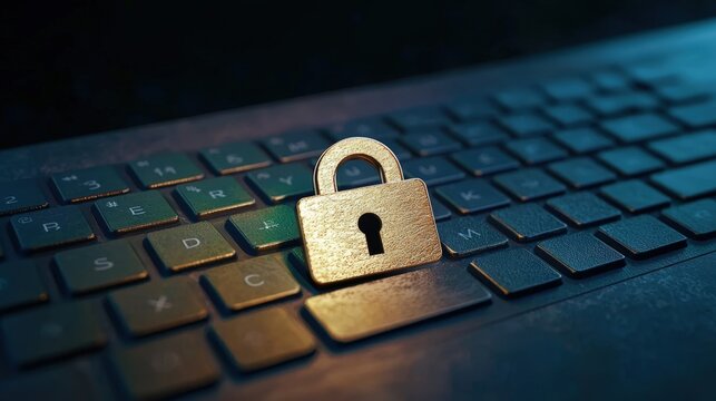Golden padlock on a dark computer keyboard symbolizing cybersecurity, data protection, privacy, and online safety in a modern digital environment
