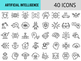 Set of 40 line icons representing artificial intelligence concepts  