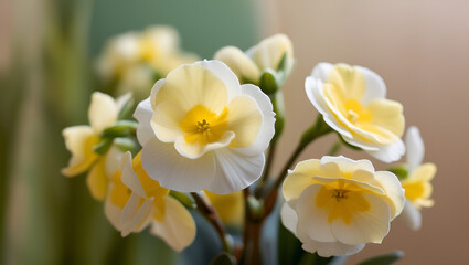Macro shot of blooming primroses in a mix of yellow and white hues