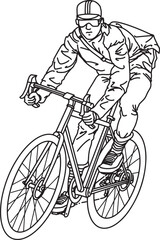 Naklejka premium adult courier on bicycle with helmet and backpack line art illustration. isolated on white background