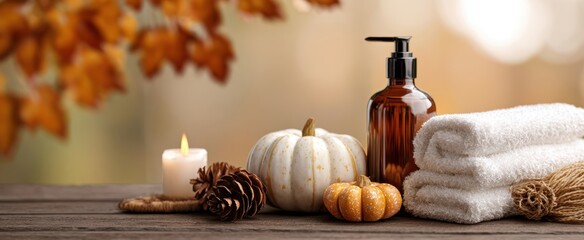 The cozy autumn spa setup with pumpkins, warm towels, and soothing candle.