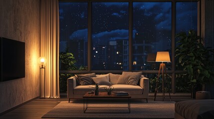 Fototapeta premium A cozy living room with a large window overlooking a cityscape at night, featuring a beige sofa, a coffee table, and a television on a stand.