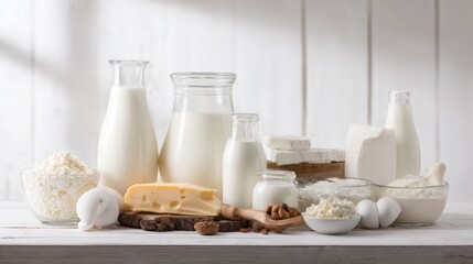 Fresh dairy products neatly arranged on a wooden table with soft natural lighting and a clean background.