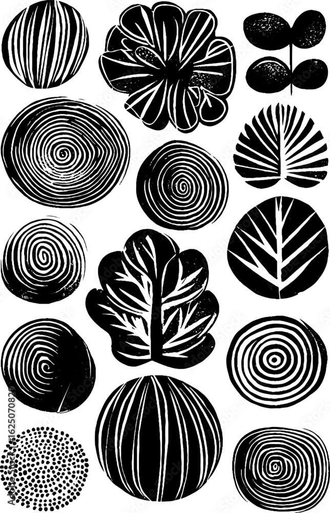 Poster stylised circular arrangement of abstract leaf patterns for design and decoration