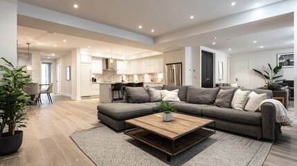 Bright open concept home interior with gray sofa and modern kitchen design