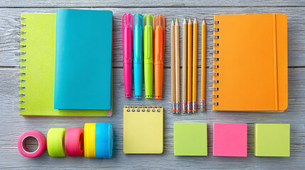 Obraz premium Vibrant Flat Lay of School Supplies with Notebooks and Colorful Stationery