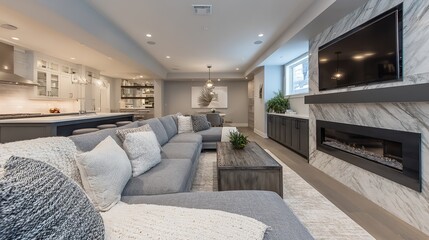 Modern open concept living room with large grey sectional sofa and contemporary fireplace